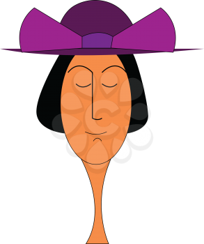 A lady with short black hair having her eyes closed wearing a large purple hat with a huge purple bow on it vector color drawing or illustration 