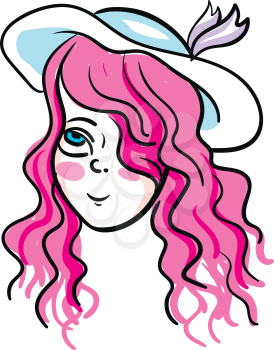 A girl with pink wavy hair wearing a light blue hat with a purple bow vector color drawing or illustration 