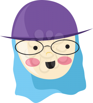 A girl with flushed cheeks oval glasses a purple hat and blue dyed hair vector color drawing or illustration 