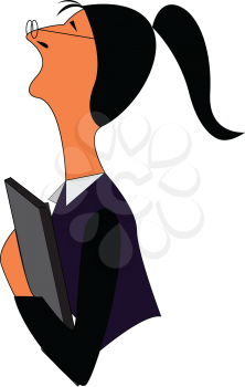 A lady with long black hair tied in a ponytail wearing glasses and holding a black book vector color drawing or illustration 