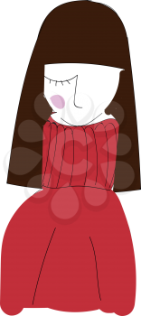 A girl with long straight brown hair wearing a red polo neck sweater vector color drawing or illustration 
