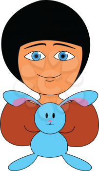 A little girl with black hair and blue eyes holding a stuffed blue bunny vector color drawing or illustration 