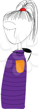 A girl with black hair tied in a ponytail wearing a striped purple hoodie with orange pocket detail vector color drawing or illustration 