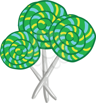 Three spiral green yellow and blue lollipops placed in a candy shop vector color drawing or illustration 