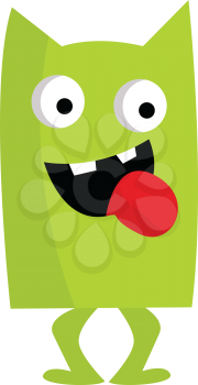 A happy square green monster with horns two legs and big eyes vector color drawing or illustration 