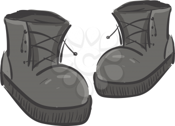 A pair of large grey boots with lace-up detail used by both men and women vector color drawing or illustration 