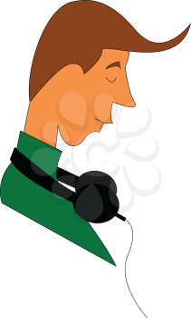 Side view of a boy with brown hair wearing black headphones and listening to music vector color drawing or illustration 