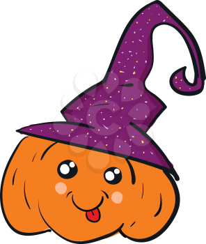 A cute orange pumpkin wearing a purple witch's hat vector color drawing or illustration 