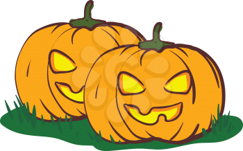 Two scary look alike pumpkins with yellow eyes vector color drawing or illustration 