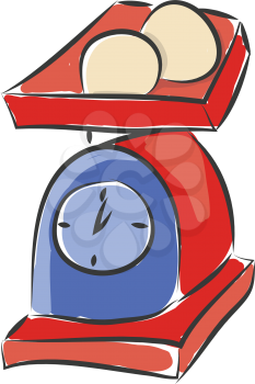 A red and blue colored cute weighing machine with two objects on it vector color drawing or illustration 
