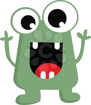 A green monster with four teeth and bulging eyes raised hands while laughing vector color drawing or illustration 