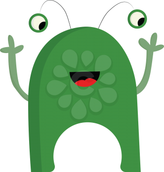 An oval-shaped dark green happy monster with eyes popping out vector color drawing or illustration 