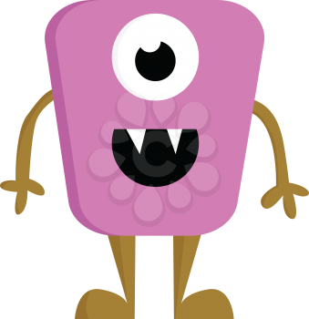 A pink and brown single eyed double tooth happy monster vector color drawing or illustration 