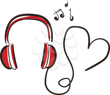 Red color headphone connected to heart and symbol of music in between them vector color drawing or illustration 