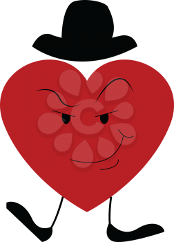 A big heart red in color wearing a hat has legs and a smirk expression on its face vector color drawing or illustration 