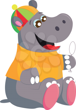 A hippopotamus wearing a colorful hat looking at the small mirror in his hand while laughing vector color drawing or illustration 