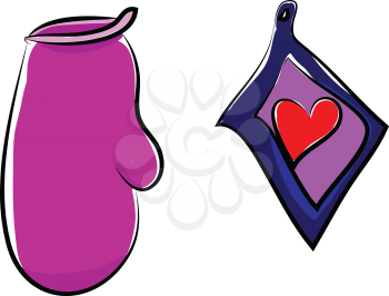 A purple-colored hand glove used in cooking placed along with a red colored heart printed napkin vector color drawing or illustration 