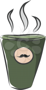 A green-colored disposable party coffee cup with a black mustache design filled with steaming coffee vector color drawing or illustration 