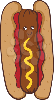 A red-colored grilled or steamed link-sausage sandwich with two eyes vector color drawing or illustration 