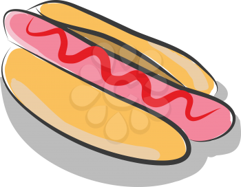 A pink-colored grilled or steamed link-sausage sandwich with red sauce in it vector color drawing or illustration 