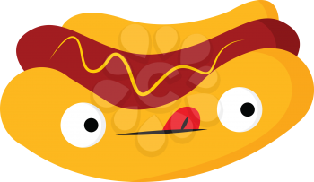 A grilled or steamed link-sausage sandwich with bulging eyes and face with stuck out tongue vector color drawing or illustration 