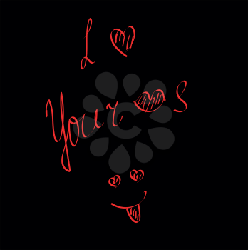 A poster with wordings for valentine as I LOVE YOUR LIPS with a tongue hanging out emoji over a black background vector color drawing or illustration 