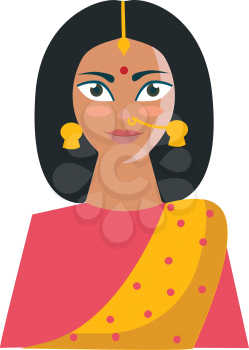 An Indian woman in her yellow-colored saree printed with rose polka design and a matching blouse looks beautiful with her accessories like maang tikka earrings bindi and nose rings vector color drawing or illustration 