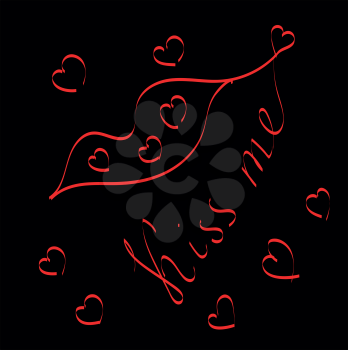 Kiss me written against a dark background of lips and hearts that are red in color vector color drawing or illustration 