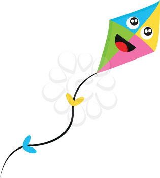 A colorful laughing diamond-shaped kite tied to a string attached with two small designed hearts vector color drawing or illustration 