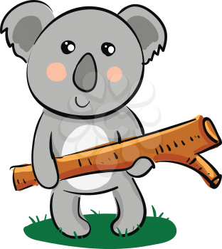 A cute little cartoon Koala holding a piece of timber wood expresses sadness vector color drawing or illustration 