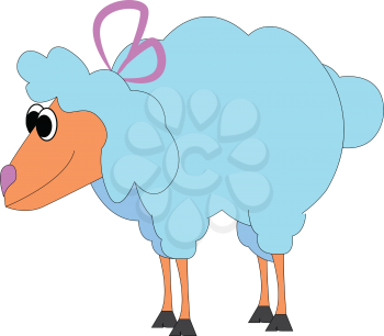 A cute little blue lamb wearing a purple ribbon around its neck has a purple-colored nose vector color drawing or illustration 