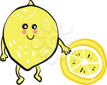 A lemon emoji holding a piece of half-cut lemon vector color drawing or illustration 