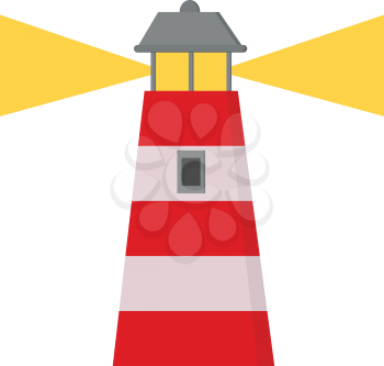 A cartoon lighthouse with alternate red and light bands stands as a tower and supports the lantern room emitting yellow light vector color drawing or illustration 