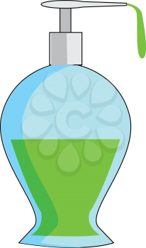 A blue-colored dispenser pump bottle made out of plastic and contains the green-colored solution The cartoon picture depicts the solution dispensed from its mouth vector color drawing or illustration 