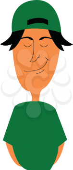 A smirking little boy has worn a green-colored cap backward and dressed in a green-colored shirt vector color drawing or illustration 