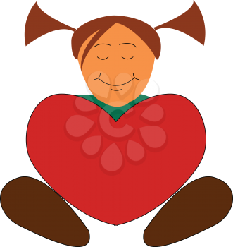 A little girl holds a big red-colored heart with eyes closed and a broad smile turning up to rosy cheeks while in sitting posture She is dressed in green and wears two ponytails vector color drawing or illustration 