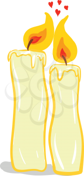 Two yellow-colored love candles placed closer to each other is glowing light against a white background with few heart-shaped red-colored fumes vector color drawing or illustration 