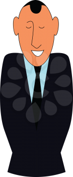 A man in black-colored coat suit wearing a black tie has closed his eyes and with less hair He has tucked both of his hands inside the coat pockets vector color drawing or illustration 
