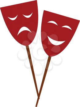 Two red-colored carnival party eye masks attached to a stick with happy and sad expressions vector color drawing or illustration 