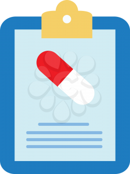 Doctor's prescription clipped to a blue-colored writing pad and an oval-shaped capsule in two different colors white and red vector color drawing or illustration 