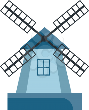 Blue colored cartoon windmill with black-colored vanes or blades and the tower with windows vector color drawing or illustration 