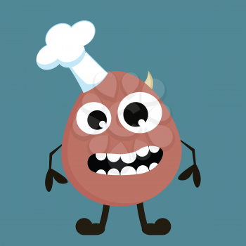 A laughing brown-colored cartoon monster with a horn and wearing a cloud-shaped hat over blue background vector color drawing or illustration 