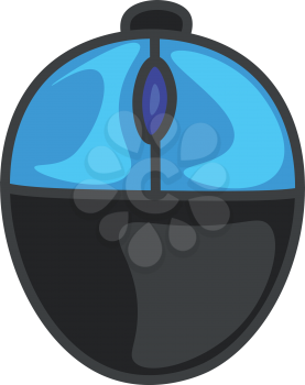 Cartoon two-button office mouse in shades of blue color and a semi-circular shaped button at the center for the user to scroll the monitor in the desired manner vector color drawing or illustration 