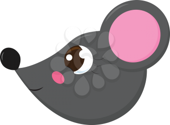 The side face of a cute little cartoon grey-colored mouse with a projecting black-colored nose and rose-colored ears is smiling vector color drawing or illustration 