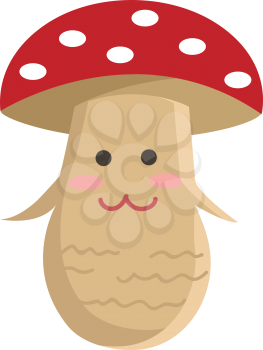 A smiling cartoon mushroom with two arms and wearing a red-colored cap white with oval-shaped spots vector color drawing or illustration 