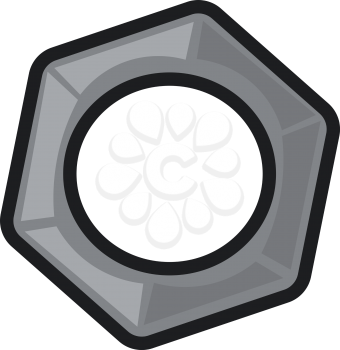 A grey-colored cartoon nut in hexagonal shape with a threaded hole for screwing on to a bolt as a fastener vector color drawing or illustration 