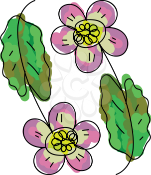Two multi-colored cartoon oily flowers with green leaves lie close to each other vector color drawing or illustration 