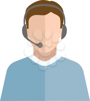 A telephone operator with his black-colored headset dressed in his blue-colored shirt is ready for a call vector color drawing or illustration 