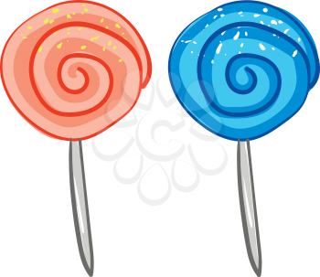 Two orange and blue-colored cartoon lollipops fixed to white sticks are all-time kids favorite vector color drawing or illustration 