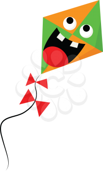 A scared orange and green-colored cartoon kite with its mouth opened two bulging eyes and two bow-like red ribbons attached to its string vector color drawing or illustration 